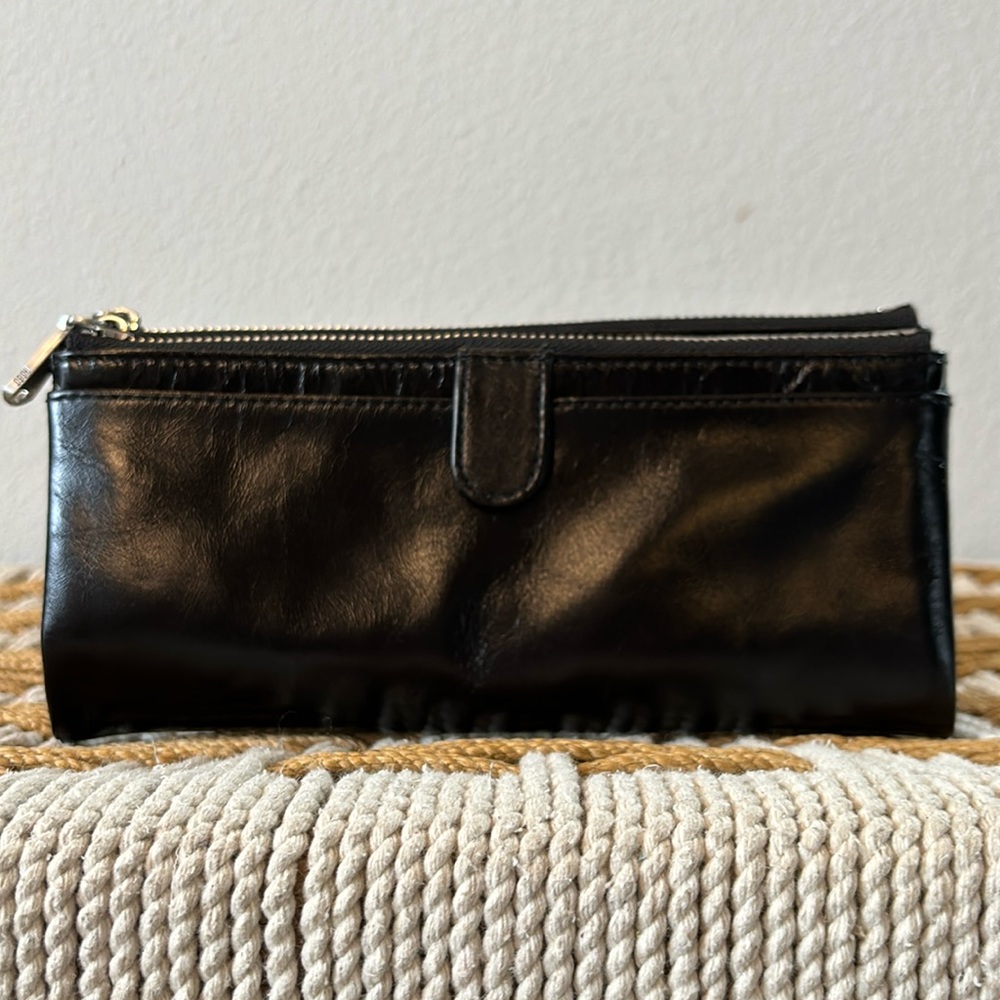 Hobo Taylor Wallet Black Leather with Purple Floral Interior and Silver Hardware